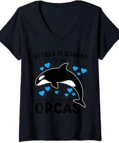 Womens Stress is caused by not watching enough Orcas Orca V-Neck T-Shirt