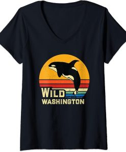 Womens Washington State Retro Orca Whale Shirt Killer Whale Shirt V-Neck T-Shirt