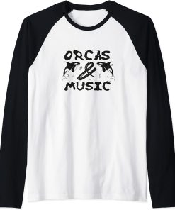 Orcas and Music Notes Clef Whale Sea Animal Raglan Baseball Tee