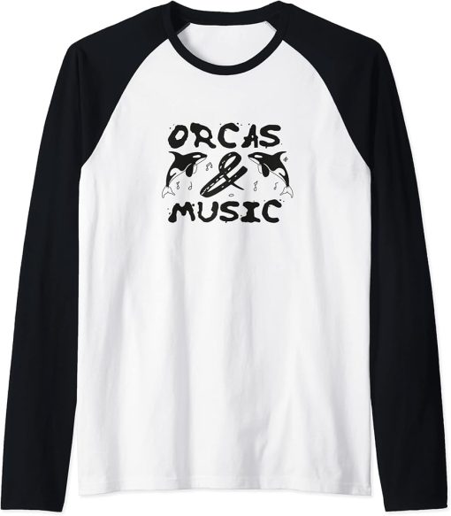 Orcas and Music Notes Clef Whale Sea Animal Raglan Baseball Tee