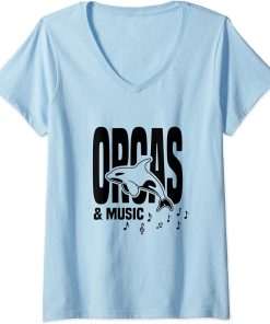 Womens Orcas and Music Notes Sea Animal Clef Piano V-Neck T-Shirt