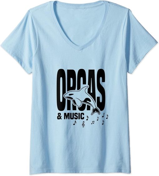 Womens Orcas and Music Notes Sea Animal Clef Piano V-Neck T-Shirt