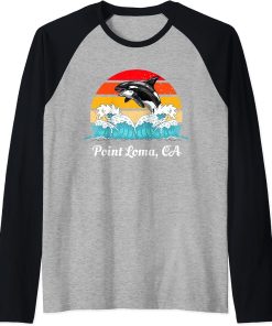 Vintage Point Loma CA Distressed Orca Killer Whale Art Raglan Baseball Tee