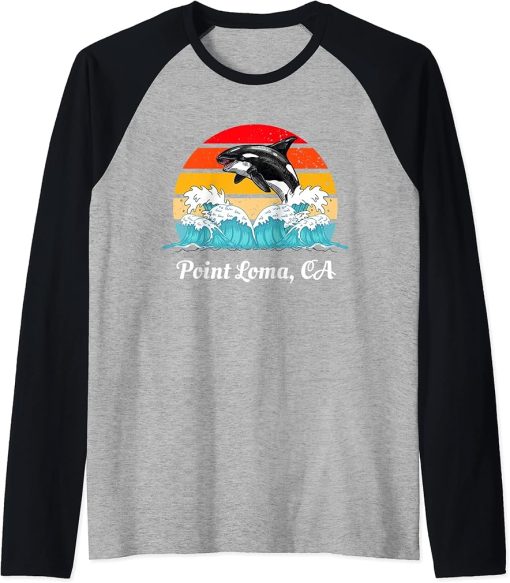 Vintage Point Loma CA Distressed Orca Killer Whale Art Raglan Baseball Tee